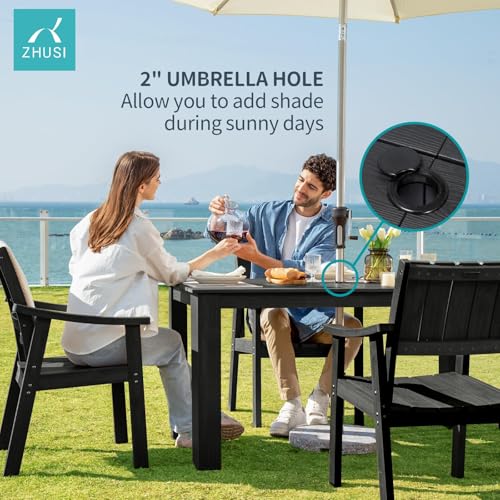 ZHUSI Patio Table and Chairs Set, Outdoor Table and Chairs,HIPS Outdoor Dining Set with Umbrella Hole for Backyard, Poolside, Porch (Black, 7PC)