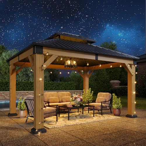 Aoxun 10' x 12' Outdoor Wood Gazebo, Hardtop Gazebo Permanent Wooden Pavilion with Galvanized Steel Double Roof, for Patio, Garden, Deck, Cedar Wood, Natural