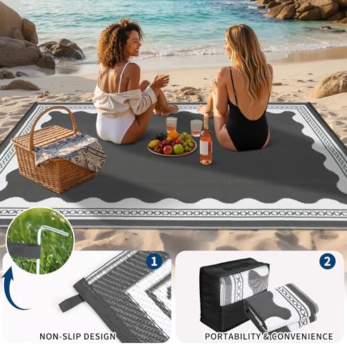 Garvee Outdoor Rug 5x8 Scalloped Waterproof Patio RV Outdoor Rugs Reversible Foldable Plastic Straw Rug Modern Camping Carpet for Deck Camper Porch Balcony Backyard Picnic Beach Grey