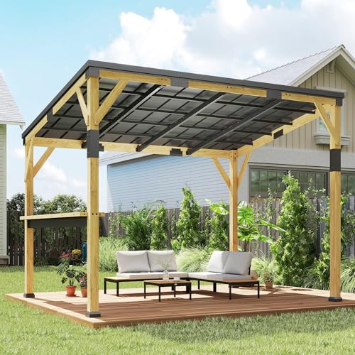 Outsunny 10' x 14' Wooden Gazebo with Galvanized Steel Sloped Roof, Hardtop Lean-to Gazebo Pergola with Bar Shelf, Large Heavy Duty Awning for Patio, Deck, Backyard, Natural Wood