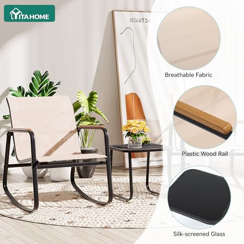 YITAHOME 3 Piece Outdoor Rocking Bistro Set, Textilene Patio Furniture Set with Wooden Armrests, Porch Chairs Set with Glass Table for Garden, Lawn, Poolside, Balcony, Beige