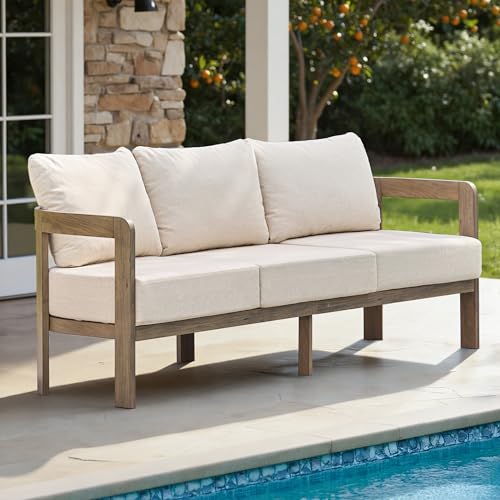 COMLAX FIELD Aluminum Outdoor Patio Sofa, 3-Seat All-Weather Metal Modern Couch with Washable Thick Cushion for Garden/Backyard/Porch, Beige
