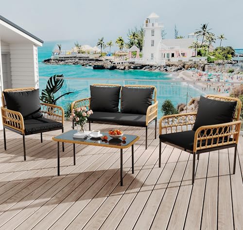 TrailBlaze 4 Piece Patio Conversation Set with Loveseat, Boho Wicker Outdoor Furniture with Glass Side Table & Detachable Cushions, All-Weather Balcony Set for Backyard Porch - Black