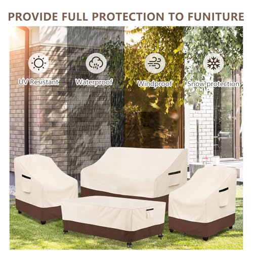 Rileytee Outdoor Furniture Set Cover, 4 Pcs 600D Heavy Duty 100% Waterproof Patio Furniture Covers,Fit Patio Loveseat,2 Chair and Coffee Table (Beige & Brown,Small)