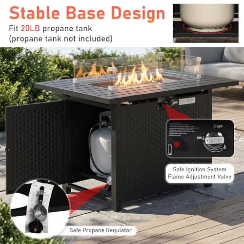 PayLessHere Propane Fire Pit Table, 50,000 BTU CSA-Certified Outdoor Gas Fire Table with Lid, Lava Rock & Glass Wind Guard, Smokeless Patio Firepit for Backyard, Deck & Garden (43 inch)