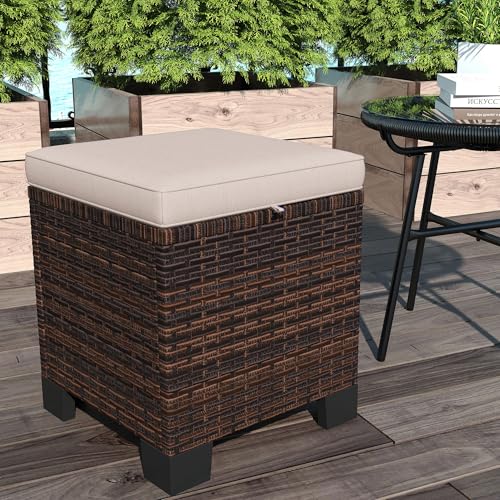 Outsunny 2 Pieces Outdoor Patio Ottomans, All Weather Wicker Footstools with Removable Cushions, 3-in-1 PE Rattan Ottoman Seat, Footrest and Side Table for Backyard, Poolside, Cream White