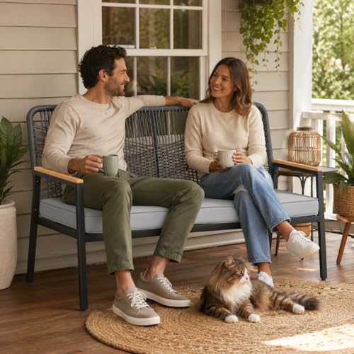 LIFERUN Outdoor Rattan Loveseat Bench, 43" Patio Bench for 2 with 3.15" Cushion,704LBS, Wicker Patio Furniture Seating, Curved Backrest, WPC Armrests, 500 lb Capacity for Porch Balcony Deck, Grey