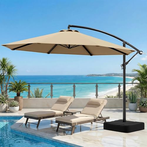OLILAWN Cantilever Offset Patio Umbrellas, Outdoor 10 feet Large Patio Umbrella with Base Included, Upgraded Yarn-dyed Fabric Shade, Sturdy 8 Rids, 360 Degree Rotation & Easy Tilt Adjustment, for Resort Courtyard Hotel Leisure Zone Commercial Leisure Terr