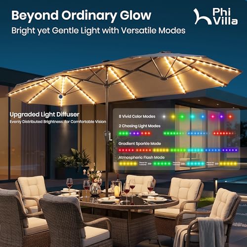 PHI VILLA 13ft Patio Umbrella with Solar-Powered 120 PCS LED Color-Changing Lights, Triple-Head Large Rectangle Umbrella Outdoor Patio for Table with Crank Lift,Beige(No Base)