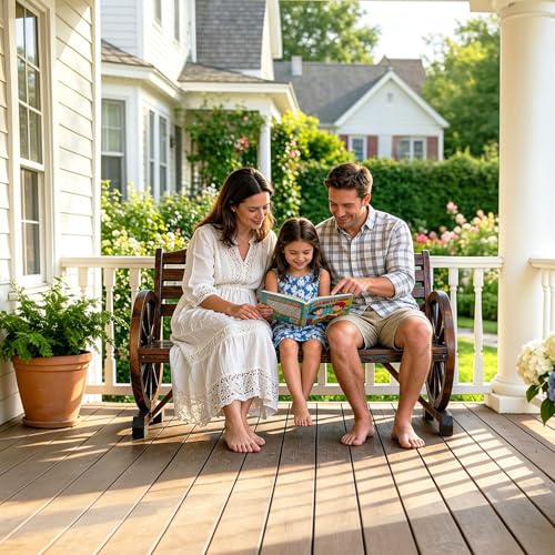 VINGLI Rustic Wooden Wheel Bench Outdoor Bench, Patio Bench Wagon Slatted Seat, Garden Benches for Outdoors 350lbs High Capacity, Weather Resistance (Rustic, 55in)