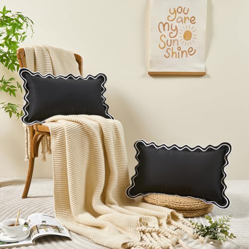 JOJOGOGO Black and White Scalloped Outdoor Lumbar Pillow Covers 12x20 Waterproof & Sunproof Set of 2, Black Outdoor Pillows Embroidered Decorative Throw Pillows for Couch Porch and Patio Furniture