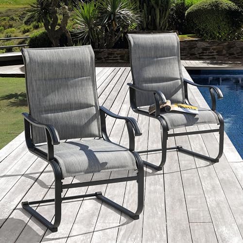 NUU GARDEN Set of 2 Patio Dining Chairs All Weather Outdoor Padded Textilene Chairs with High Back and Spring Motion Design Breathable Outdoor Dining Chairs for Deck Lawn Backyard Grey