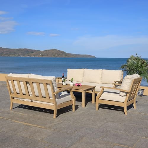 SAFAVIEH Couture Outdoor - Martinique Armchair - Natural & Beige - Solid Wood - Slatted Coastal Design - Ideal for Patio, Deck, Porch, Backyard, 18.3" Seat Height (CPT1011A)