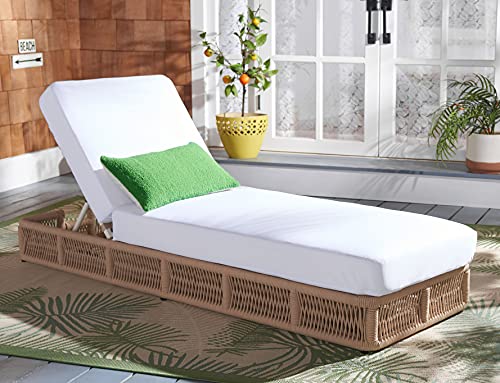 SAFAVIEH Outdoor - Gillian Chaise Lounge Chair - Tan & White - Steel and Woven Rope - Adjustable 5-Position Backrest - Ideal for Patio, Deck, Poolside, Backyard (PAT7527A)