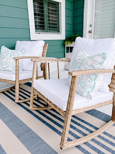 SAFAVIEH Outdoor - Daire Rocking Chair - Natural & White - Steel Frame Faux & Rattan with Cushion - Open-Frame Design - Ideal for Patio, Deck, Porch, Backyard, 14.4" Seat Height (PAT7721D)