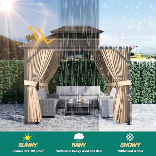 10'X13' Hardtop Gazebo, Galvanized Steel Aluminum Frame with Double Roof, Heavy-Duty Outdoor Patio Gazebo with Curtains & Netting for Backyard, Deck, Porch, Garden, Lawn, Khaki
