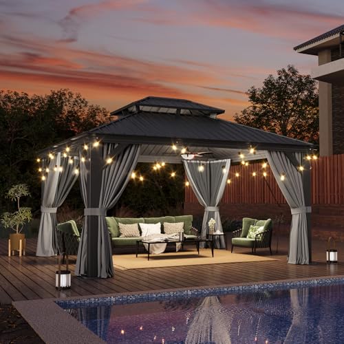 Aoxun 12' x 16' Permanent Hardtop Gazebo with Galvanized Steel Double Roof and Aluminum Frames Outdoor Large Pavilion Gazebo for Patio Deck Garden, Nettings and Curtains Included, Gray