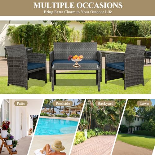 JAMFLY 4 Piece Outdoor Patio Furniture Set, Outdoor Wicker Rattan Chairs Conversation Sets with Cushions & Coffee Table for Outside, Garden, Balcony, Porch, Dark Blue
