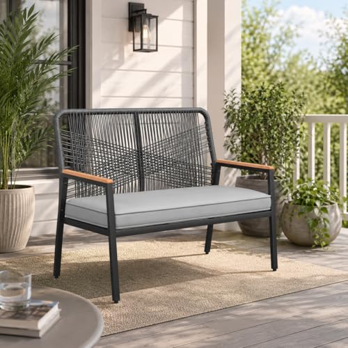 LIFERUN Outdoor Rattan Loveseat Bench, 43" Patio Bench for 2 with 3.15" Cushion,704LBS, Wicker Patio Furniture Seating, Curved Backrest, WPC Armrests, 500 lb Capacity for Porch Balcony Deck, Grey