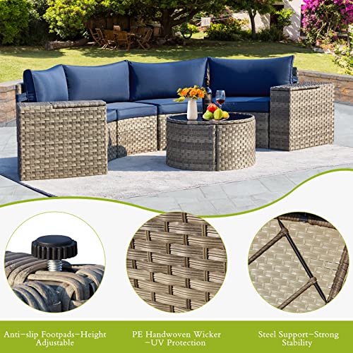 ECOTOUGE 7 Piece Outdoor Half Moon Furniture, Wicker Patio Sectional Conversation Set with 2 Storage Armrests and Circle Glass Table, Gray Rattan Curved Sofa for Garden, Balcony and Back Yard (Blue)