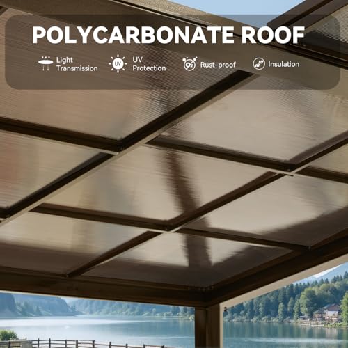 HOMMOW Gazebo 10’x13‘ with Adjustable Polycarbonate Roofs, All Aluminum Frame Permanent Pergola for Patio, Outdoor Freestanding Shelter, Dark Brown