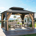 YITAHOME 9x11FT Hardtop Gazebo Double Roof Canopy w/Netting and Curtains, Outdoor Gazebo Permanent Galvanized Iron Steel Gazebo for Patio, Backyard, Deck and Lawns, Brown