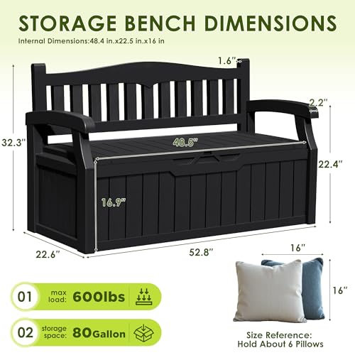Greesum 80 Gallon Outdoor Storage Bench, Weather-Resistant Deck Box, Patio Furniture Bench for Backyard, Garden, Porch, Large Capacity Seat for Pillows Cushions Patio Accessories, Dark Black