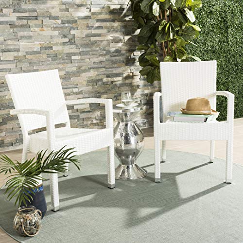 SAFAVIEH Outdoor - Kelda Set of 2 White Faux Wicker Arm Chairs, Stackable Patio Dining Chairs with Aluminum Frame, Fully Assembled Outdoor Seating (PAT4004D-SET2)
