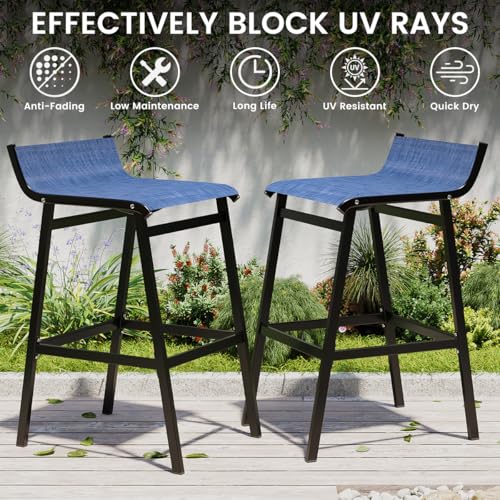 Sundale Outdoor Patio Metal Bar Stools Set of 2, Low Back Modern Counter Height Tall Chair Armless, High Top Outside Barstools, All-Weather Patio Stools for Porch Yard Deck Balcony, Modern Blue