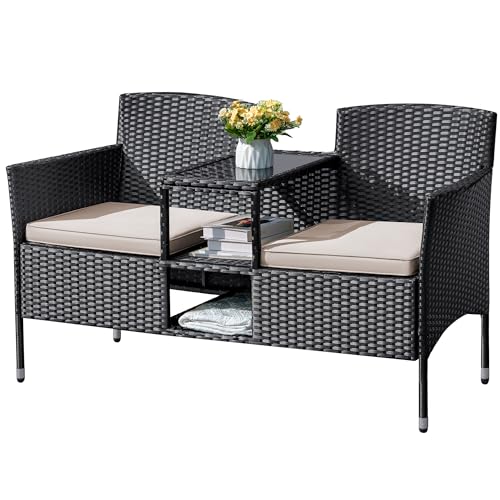 Flamaker Outdoor Furniture Patio Loveseat Wicker 2-Seat with Built-in Table and Cushions Rattan Porch Chairs Bench for Balcony, Lawn, Backyard (Beige)