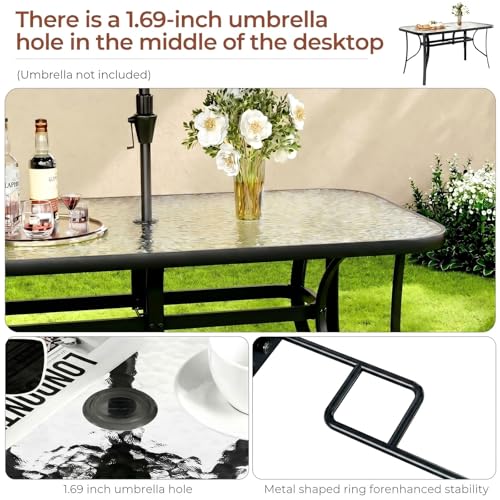 TLSUNNY 7 Piece Patio Dining Set for 6, Outdoor Table and Chairs W/1.69" Umbrella Hole & Metal Frame, 30"X 55" Rectangular Glass Table and Patio Textilene Folding Chair W/Armrests, for Deck (Black)
