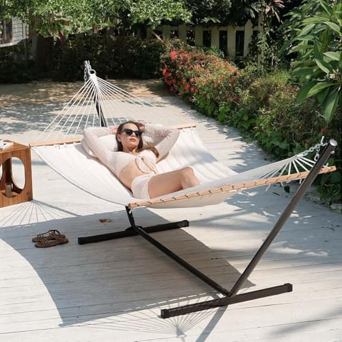 Lazy Daze Hammocks 12 FT Double Quilted Fabric Hammock with Spreader Bar and Detachable Pillow, 2 Person Hammock for Outdoor Patio Backyard Poolside, 450lbs Weight Capacity, Natural