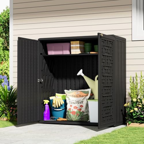 KINYING Outdoor Storage Cabinet Waterproof, Resin 62 Gallon Deck Box for Patio Furniture Cushions, Garden Tools, Pool Tools and Kids’ Toys (Black with 1 Shelving)