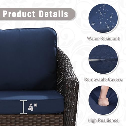 Qsoer 77 inch Outdoor Wicker 3 Seater Sofa, All-Weather Use Patio Rattan Sofa with Seat and Back Cushion, Ideal for Porch, Backyard, Balcony, Poolside, Blue
