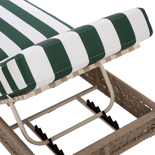 SAFAVIEH Outdoor Patio Furniture Collection - Callan Heather Tan Rope Chaise Lounge Chair, Hunter Green Stripe Cushion, 6 Reclining Positions, Fully Assembled (PAT7547H)