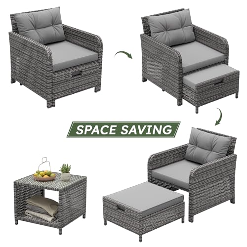 LHBcraft Outdoor Furniture 5 Piece Patio Conversation Set, PE Rattan Patio Set with Soft Cushions & Coffee Table, Outside Furniture with Hidden Ottoman for Porch, Lawn, Garden, Balcony, Grey