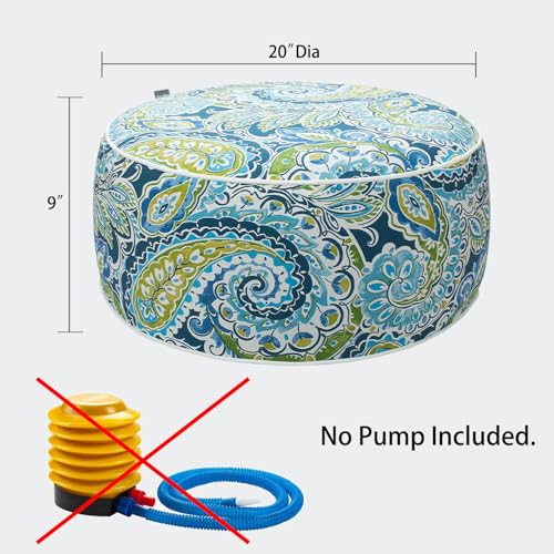 Magpie Fabrics Indoor/Outdoor Inflatable Stool Ottoman Pouf, Water Repellent Round Footrest Footstool D20 xH9, Portable for Patio Garden Camping or Home, Paisley Lapis Green