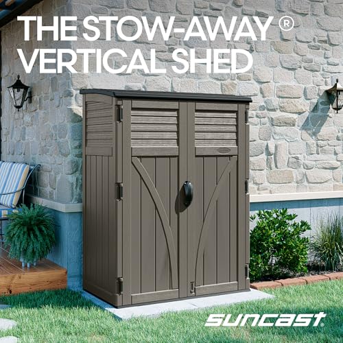Suncast Outdoor Storage Cabinet Waterproof Resin Vertical Outdoor Storage Shed (54 cu. ft.) for Patio, Garden Tools, Cushions, & Equipment. Weatherproof Plastic Multi-Wall Design, Capacity Made in USA