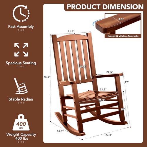 Besunbar Wooden Outdoor Rocking Chair, Oversized Patio Rocking Chair w/400lbs Support & High Backrest | Porch, Lawn, Garden, Backyard，Natural