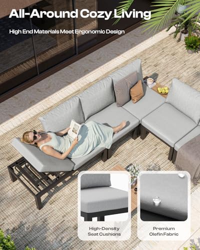 Oasbira Aluminum Modular Outdoor Patio Furniture Set, 6 Seats Sectional Sofa Set with Adjustable Backrest & Thick Cushions, All-Weather L-Shaped Corner Set with Table for Garden & Yard, Gray