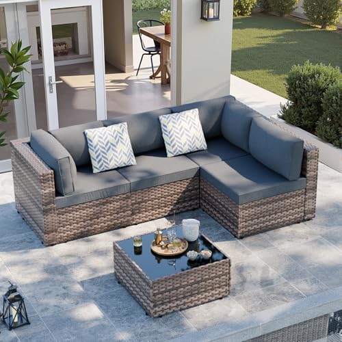SUNLEI 5 Piece Patio Furniture Sets, Low Back All-Weather Rattan Sectional Sofa with Tea Table&Washable Couch Cushions, Patio Furniture Sets, Brown Rattan