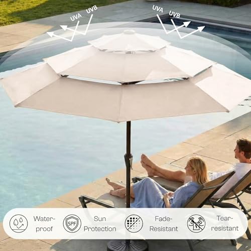 Patio Kingdom 10ft 3-Tier Patio Umbrella with 32 Solar Powered LED Lights, Windproof Outdoor Market Umbrella for Deck, Poolside & Garden, Sturdy Push-Button Tilt Table Umbrella, Beige