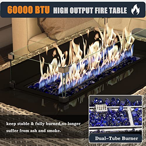KHOLH 44 Inch Propane Gas Fire Pits Table for Outside Patio, 60000 BTU Rectangular Outdoor Wicker Rattan Fire Pit with Glass Wind Guard