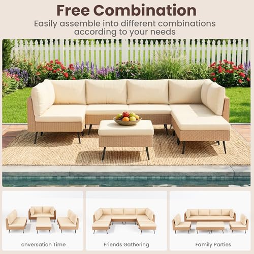 Pamapic 8-Piece Wicker Outdoor Furniture Set, All-Weather Patio Conversation Set with Thick Cushions & 2 Multi-Use Ottomans, Sectional Sofa Patio Furniture Set for Backyard, Porch, Beige