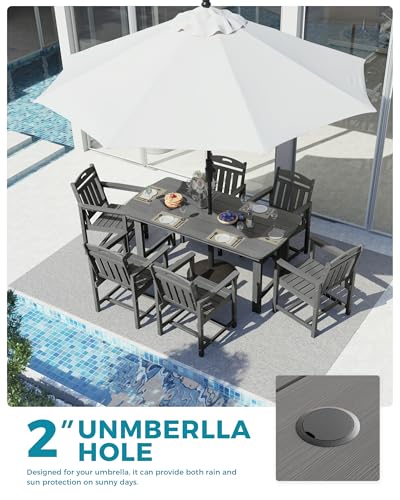 Ciokea HDPE Outdoor Dining Set, 7-Piece Patio Table and Chairs Set with Umbrella Hole, All-Weather Patio Dining Sets for 6, Durable Patio Furniture for Backyard, Garden, Lawn & Poolside, Grey
