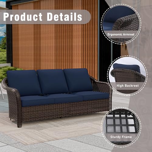 Qsoer 77 inch Outdoor Wicker 3 Seater Sofa, All-Weather Use Patio Rattan Sofa with Seat and Back Cushion, Ideal for Porch, Backyard, Balcony, Poolside, Blue