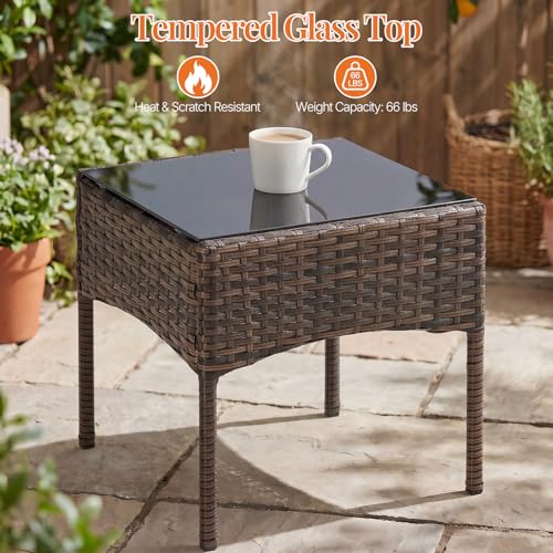 Sweetcrispy 3 Piece Patio Furniture Set, All-Weather Outdoor Conversation Set with Removable Cushions & Tempered Glass Table, Small Bistro Set for Balcony, Porch, Backyard, Deck, Brown
