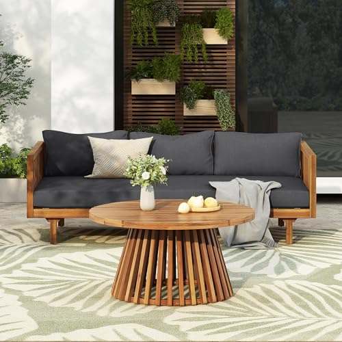 Christopher Knight Home Claremont Patio Sofa and Coffee Table Set, 2 Piece Outdoor Patio Furniture Set with Cushion, Acacia Wood 3 Seater Outdoor Sofa Daybed and Coffee Table Set, Teak+Dark Grey