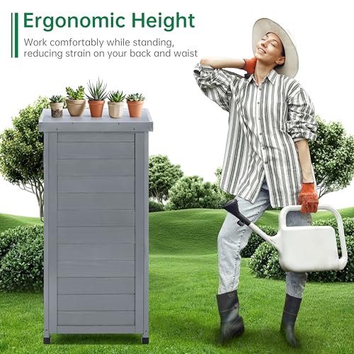 HABAU Outdoor Storage Cabinet, Potting Bench Table with Metal Tabletop & Shelves, Wooden Planting Workstation for Patio Garden, Weatherproof