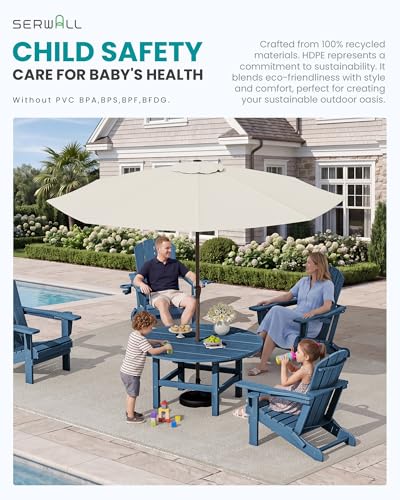 SERWALL 35.5'' Round Outdoor Table with Umbrella Hole, HDPE Weatherproof Coffee Table, Blue